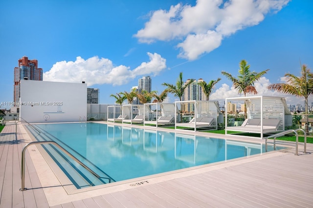 view of pool with a view of city