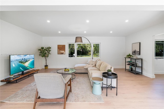 living room featuring light wood-type flooring, baseboards, and recessed lighting