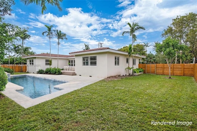 rear view of property featuring stucco siding, a fenced in pool, a fenced backyard, and a yard
