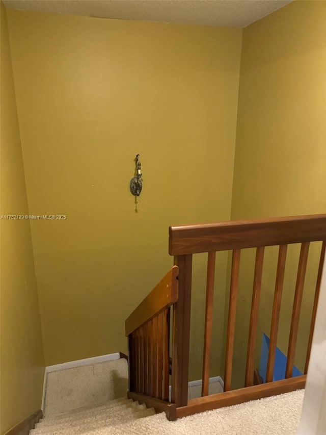 stairs with carpet flooring and baseboards