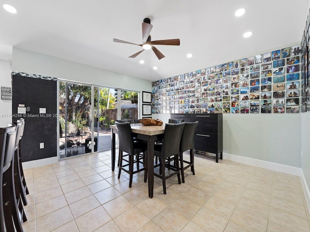 dining area featuring recessed lighting, light tile patterned flooring, ceiling fan, and baseboards