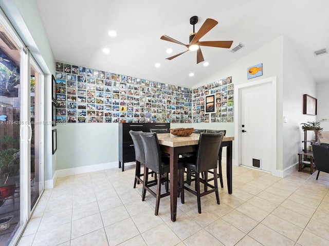 dining room featuring vaulted ceiling, light tile patterned flooring, visible vents, and recessed lighting