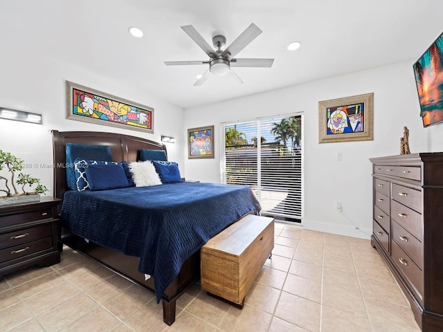 bedroom featuring ceiling fan, light tile patterned flooring, recessed lighting, baseboards, and access to exterior