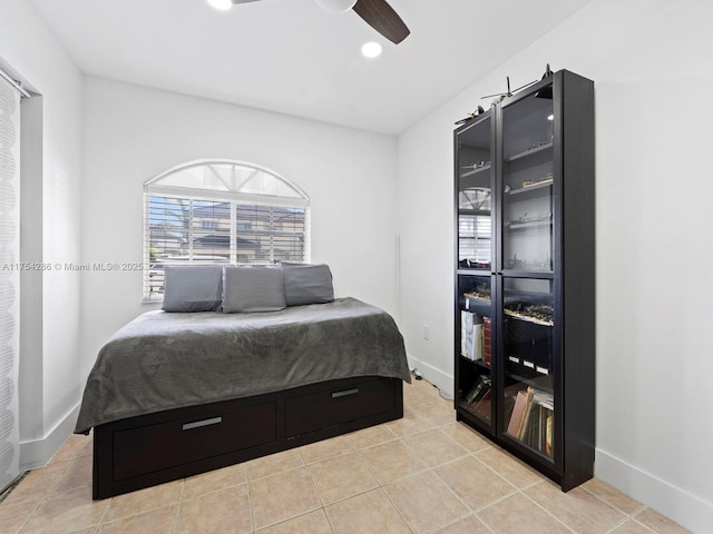 bedroom featuring a ceiling fan, recessed lighting, baseboards, and light tile patterned floors