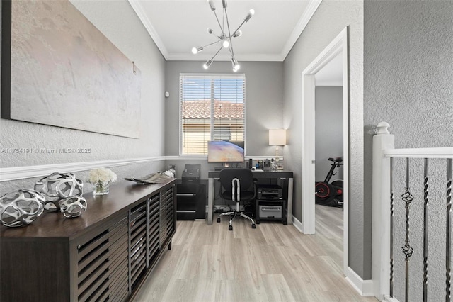 home office with an inviting chandelier, ornamental molding, wood finished floors, and a textured wall