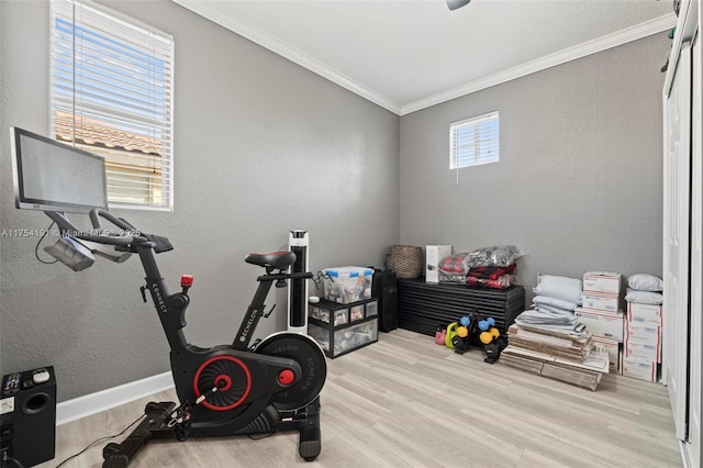 workout room with a textured wall, crown molding, and wood finished floors