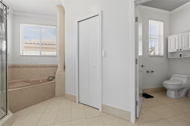 full bathroom with toilet, ornamental molding, a garden tub, tile patterned flooring, and a shower stall