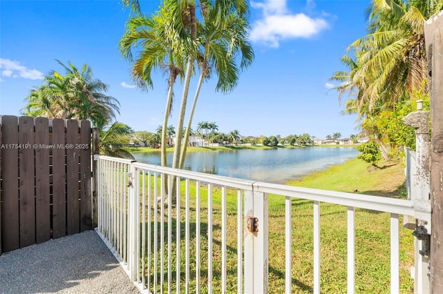 exterior space with a water view