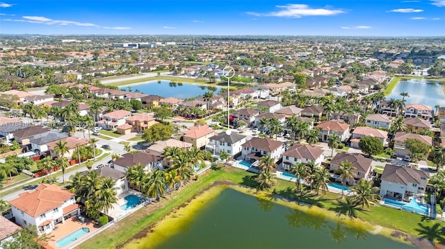 birds eye view of property with a water view and a residential view