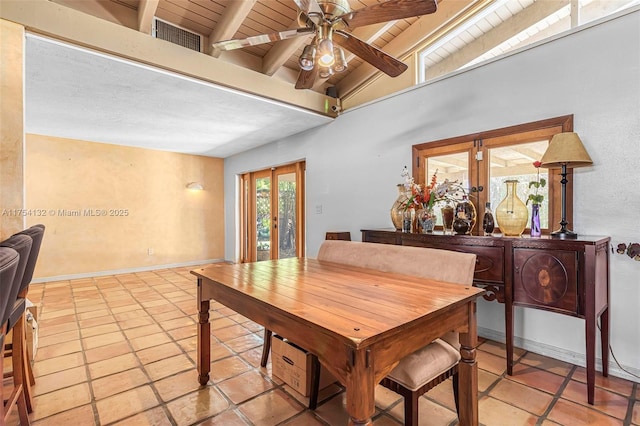 dining space with visible vents, baseboards, a ceiling fan, wood ceiling, and vaulted ceiling with beams