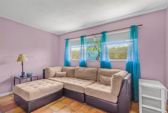 living room featuring baseboards and a textured ceiling