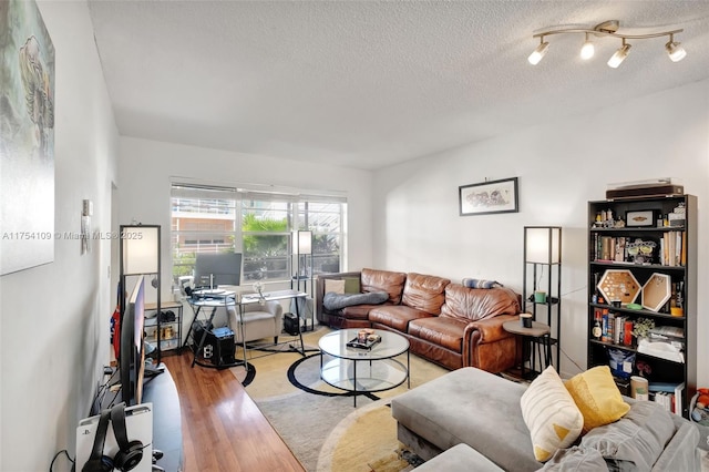 living room featuring a textured ceiling and wood finished floors