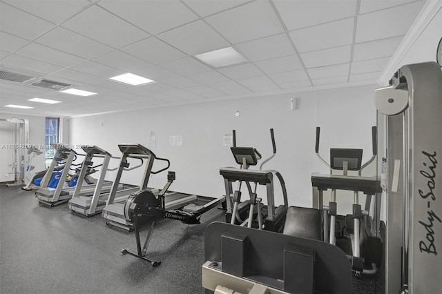 gym featuring a drop ceiling and visible vents