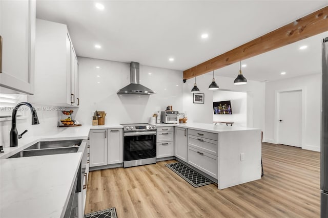 kitchen featuring light wood-style flooring, a peninsula, a sink, electric stove, and wall chimney range hood