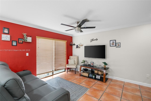 tiled living room with baseboards, ornamental molding, and a ceiling fan