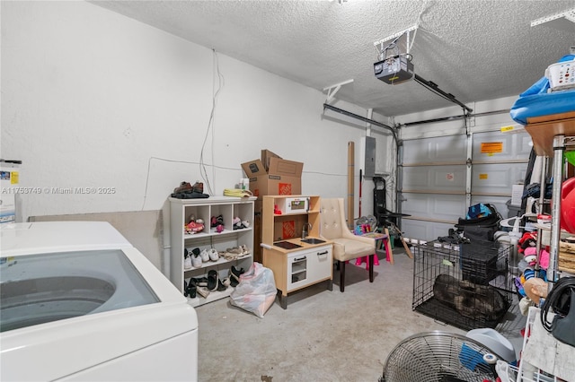 garage with electric panel and a garage door opener