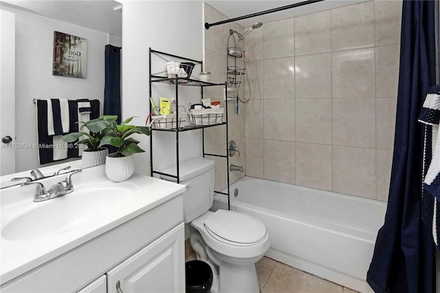 full bath featuring vanity, tile patterned flooring, shower / bath combo with shower curtain, and toilet