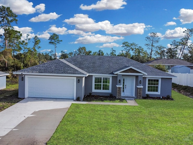 ranch-style home with roof with shingles, stucco siding, a garage, driveway, and a front lawn