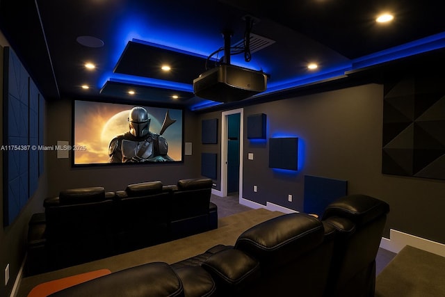 2980 Windmill Ranch Rd, Weston, FL 33331 - carpeted home theater with recessed lighting, baseboards, and a tray ceiling
