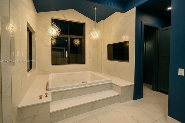 2980 Windmill Ranch Rd, Weston, FL 33331 - bathroom featuring marble tiled floors, a jetted tub, and lofted ceiling