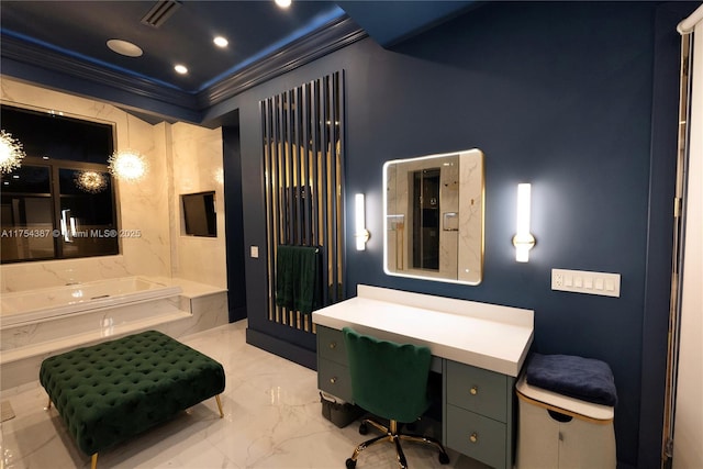 2980 Windmill Ranch Rd, Weston, FL 33331 - bathroom featuring crown molding, a bath, marble finish flooring, and vanity