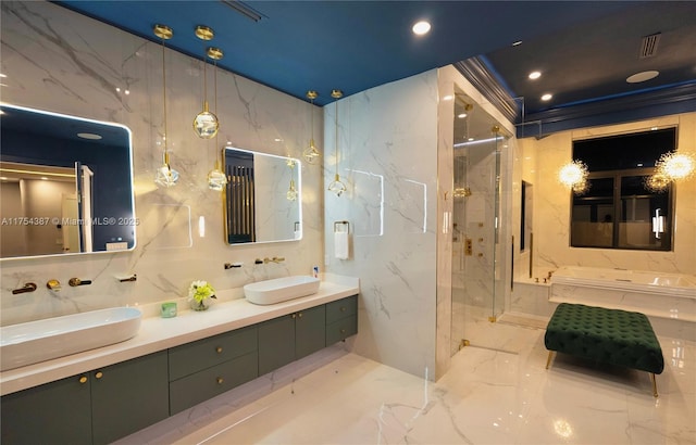 2980 Windmill Ranch Rd, Weston, FL 33331 - full bathroom featuring marble tiled flooring, double vanity, a marble finish shower, and recessed lighting