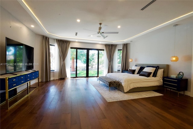 bedroom featuring french doors, recessed lighting, wood-type flooring, visible vents, and baseboards