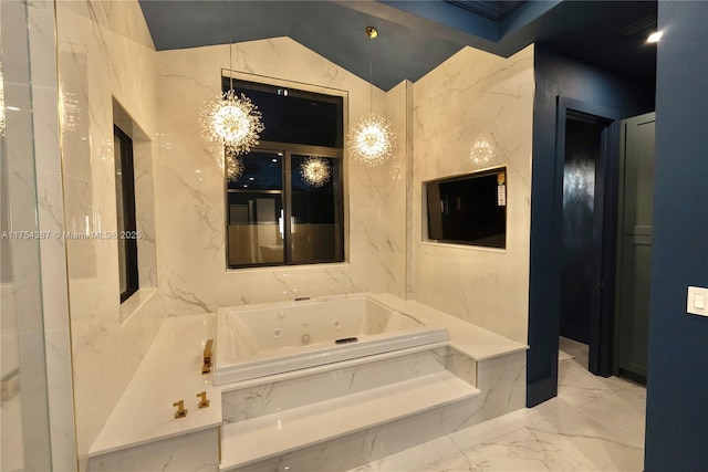 2980 Windmill Ranch Rd, Weston, FL 33331 - full bath with marble tiled flooring, a jetted tub, stone wall, and a chandelier