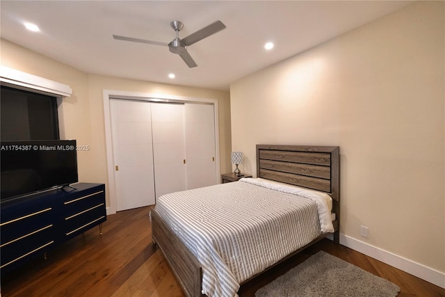 2980 Windmill Ranch Rd, Weston, FL 33331 - bedroom featuring wood finished floors, recessed lighting, a closet, baseboards, and ceiling fan