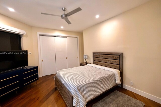 2980 Windmill Ranch Rd, Weston, FL 33331 - bedroom featuring wood finished floors, recessed lighting, a closet, ceiling fan, and baseboards