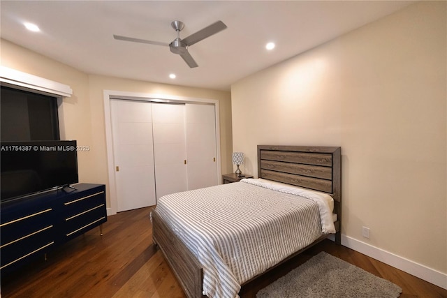 bedroom with baseboards, a closet, wood finished floors, and recessed lighting