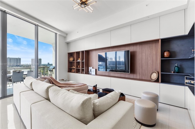 living room featuring a wall of windows and built in features