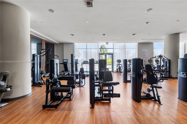 exercise room with wood finished floors, visible vents, and floor to ceiling windows