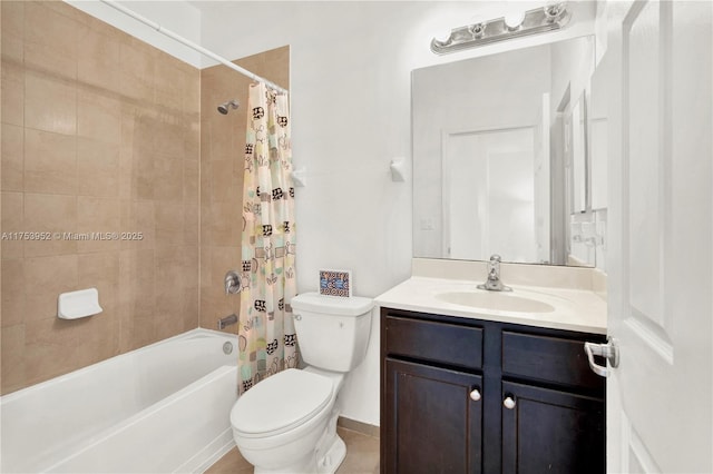 full bathroom with toilet, shower / bath combo with shower curtain, and vanity