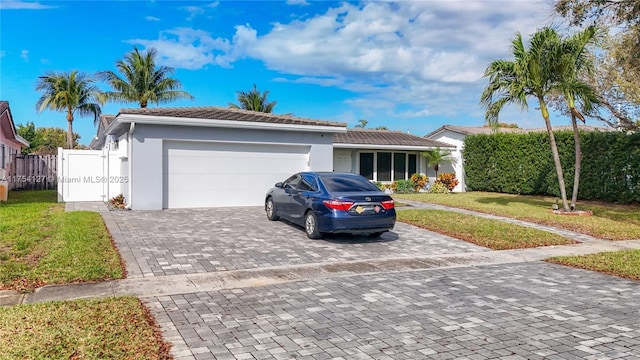 view of front of property with an attached garage, decorative driveway, a gate, stucco siding, and a front yard