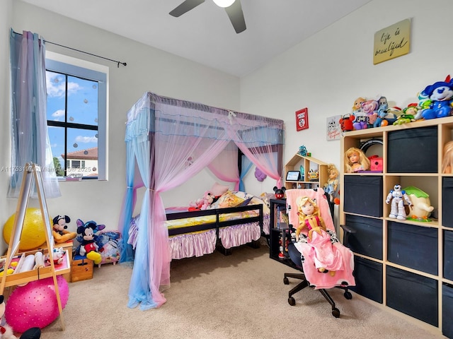 carpeted bedroom featuring ceiling fan