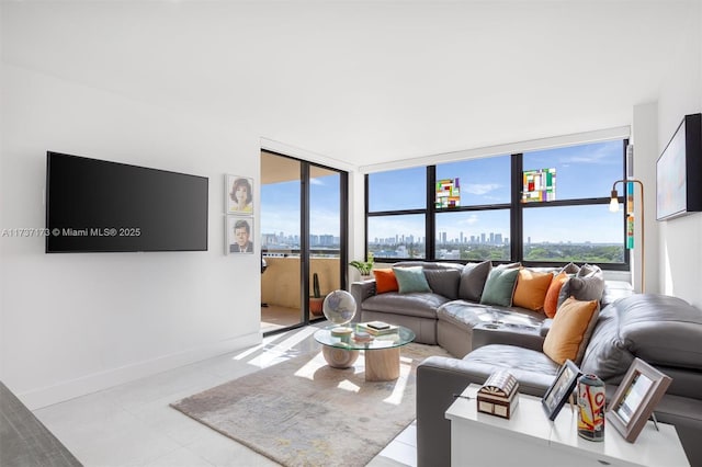 living area featuring baseboards and a city view