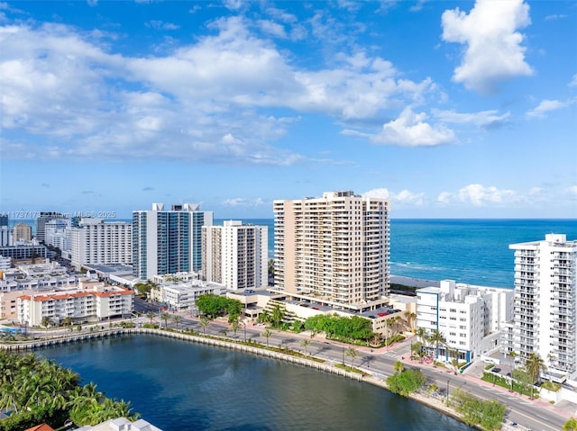 bird's eye view featuring a water view and a city view