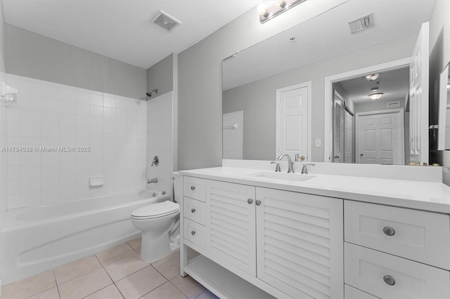 full bathroom featuring shower / tub combination, vanity, visible vents, and tile patterned floors