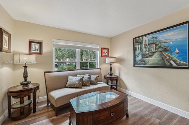 sitting room featuring a textured wall, wood finished floors, and baseboards