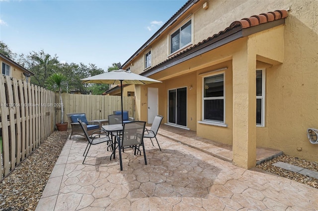 view of patio with a fenced backyard and outdoor dining space