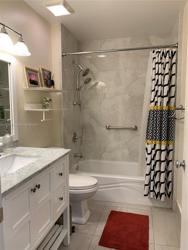 full bathroom featuring shower / bath combo, tile patterned flooring, vanity, and toilet