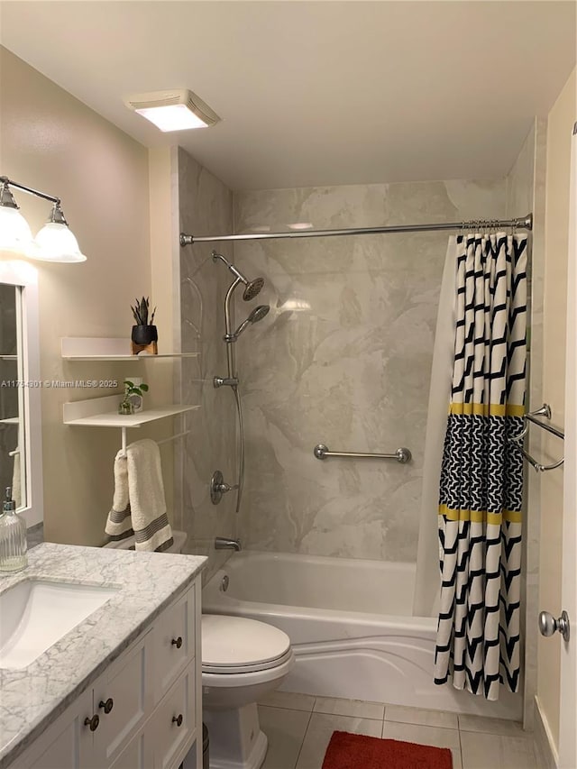 bathroom featuring toilet, shower / bathtub combination with curtain, vanity, and tile patterned floors