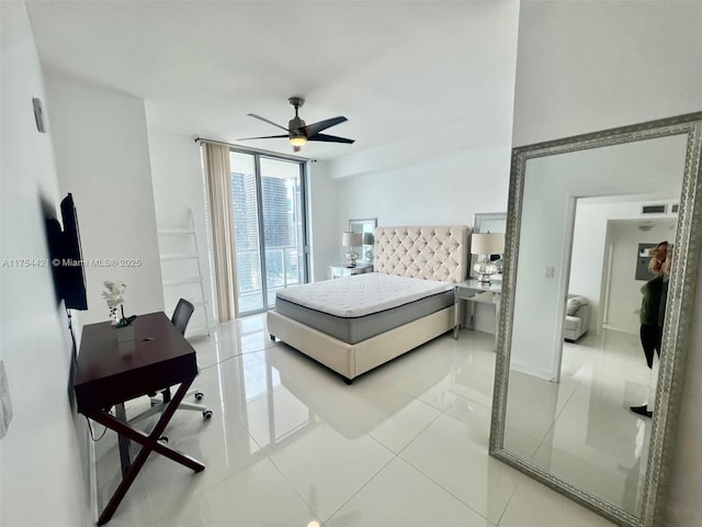 bedroom with access to outside, light tile patterned flooring, a ceiling fan, and visible vents