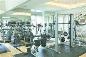 gym with a raised ceiling