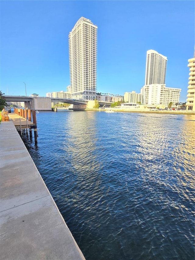 property view of water with a view of city and a dock