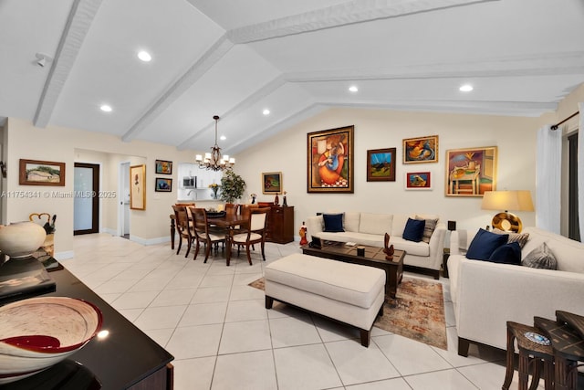 living room featuring a chandelier, recessed lighting, vaulted ceiling with beams, and light tile patterned floors