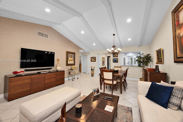 living area with vaulted ceiling with beams, light tile patterned floors, recessed lighting, visible vents, and baseboards