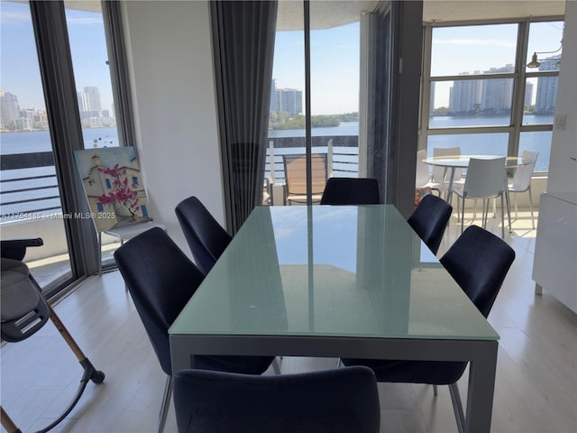 dining space with a city view, a water view, and light wood finished floors