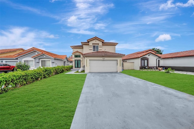 mediterranean / spanish-style house with an attached garage, concrete driveway, a tiled roof, stucco siding, and a front yard